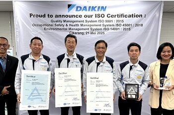 PT Daikin Industries Indonesia Resmi Kantongi Sertifikat ISO 9001:2015 , ISO 45001:2018 , dan ISO 14001:2015 dari PT TUV Rheinland Indonesia