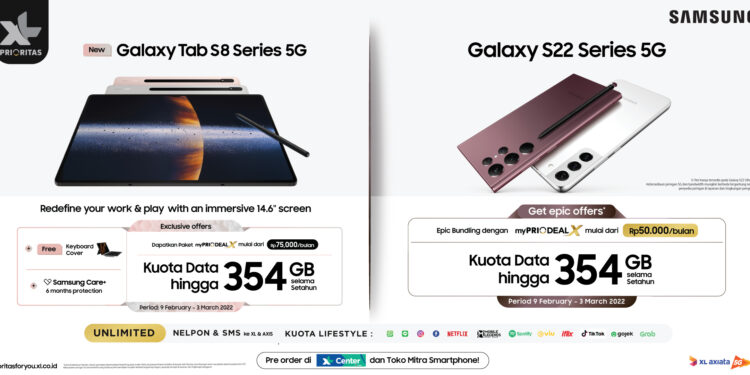 Samsung Galaxy Tab S8 Series 5G dan Galaxy S22 Series 5GHarga Paket Mulai Rp 50 Ribu/Bulan